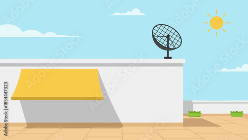 Rooftop Building With Satellite Dish And Yellow Awning.