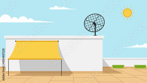 White Building With Yellow Awning Under Sunny Sky.