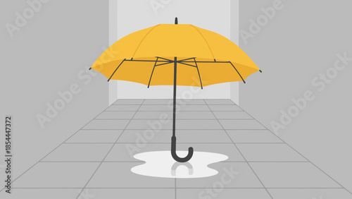 Vivid Yellow Umbrella Standing Alone on Grey Tiles.