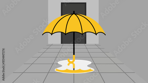 Bright yellow umbrella in modern courtyard scene.