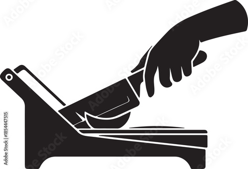 Hands using a mandoline slicer with safety guard flat silhouette vector art illustration, using solid flat black color