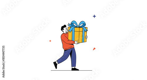 Happy young man in a casual outfit walking and carrying a large, beautifully wrapped gift box with a big blue bow for a special occasion.