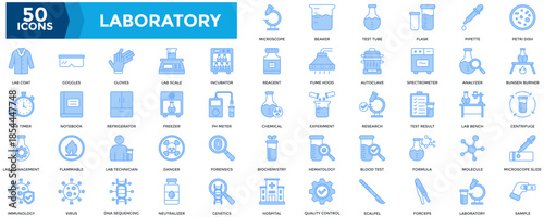 Laboratory icon set. Containing microscope, test tube, flask, pipette, lab management, incubator, lab coat, goggles, chemical, experiment, research icon. Lineal Blue style