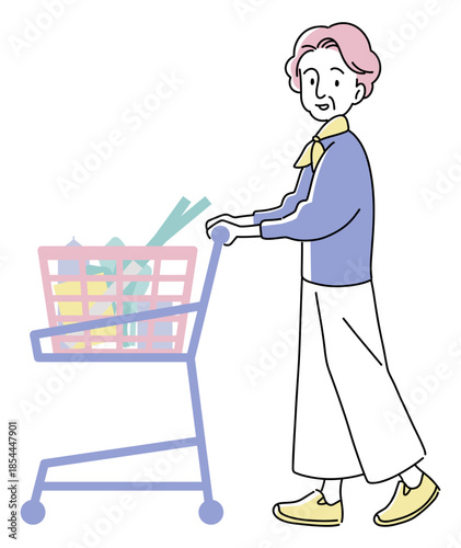 Elderly Woman Shopping with Cart, Full Body Flat Vector Illustration