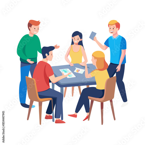 Family members playing cards and other board games sitting at a table, people having good time together set of four scenes. Friends, happy people are resting at home and playing a logic table ... See 