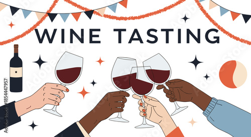 Diverse group of friends toasting with glasses of red wine at a festive wine tasting event under a party banner.