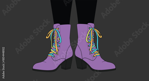 Stylish illustration of a pair of purple combat boots with chunky heels and vibrant, multicolored rainbow shoelaces on a dark background.