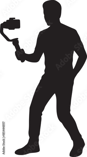 Minimal silhouette of a person holding a smartphone stabilizer vector art illustration