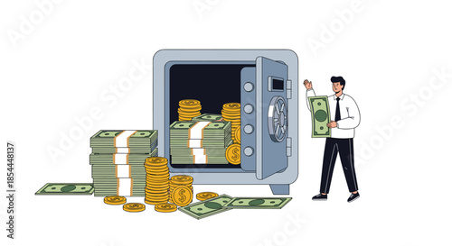 Successful businessman standing next to an open safe overflowing with stacks of cash and gold coins, symbolizing wealth and financial security.