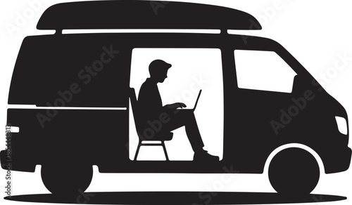 Minimal silhouette of a person working on a laptop inside a van vector art illustration