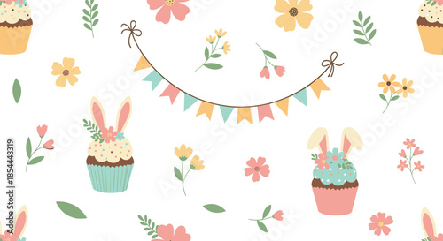 Cute and seamless Easter pattern with festive cupcakes decorated with bunny ears, colorful flowers, and a party banner on a white background.
