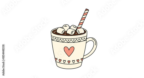 Cozy and cute doodle of a mug of hot chocolate topped with marshmallows and a straw, decorated with hearts for a warm, lovely feel.