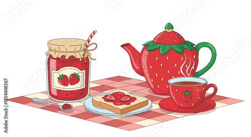 Charming tea party illustration featuring a strawberry-themed teapot and cup, a jar of jam, and toast on a red checkered tablecloth.