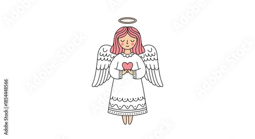 Sweet and gentle illustration of a cute little angel with pink hair, wings, and a halo, holding a small pink heart.