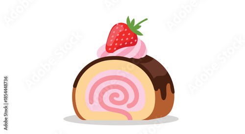 An adorable cartoon illustration of a single slice of chocolate and strawberry Swiss roll cake with pink cream and a fresh berry on top.