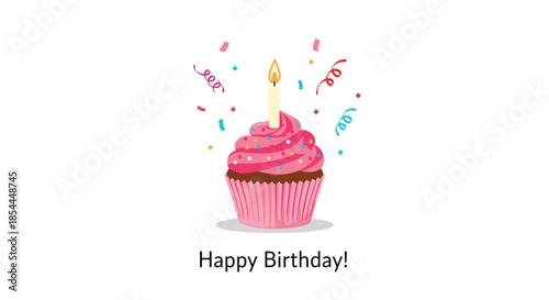 A festive pink frosted birthday cupcake with a single lit candle and colorful falling confetti and streamers on a white background.
