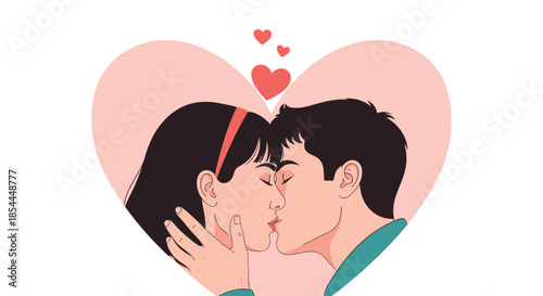 A romantic vector illustration of a young man and woman kissing passionately inside of a large pink heart on a white background.