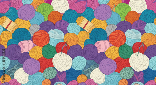A vibrant and colorful seamless background pattern filled with many hand-drawn balls of yarn for knitting and crochet projects.