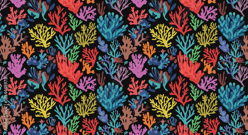 A vibrant and colorful seamless pattern of various types of coral on a dark black background, depicting an underwater marine scene.