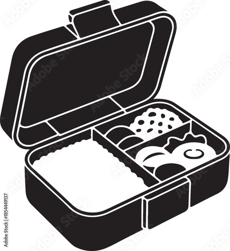 Open bento box with neatly divided compartments solid silhouette vector art, using flat black color illustration