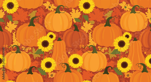 A warm and cozy seamless autumn pattern featuring orange pumpkins, butternut squash, sunflowers, and fall leaves on a dark background.