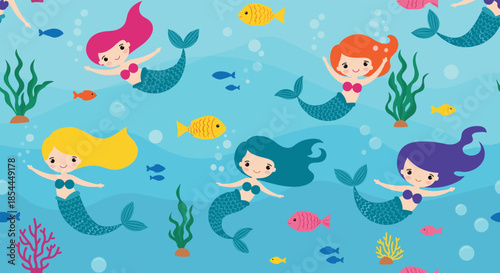 A magical seamless underwater pattern with cute cartoon mermaids, fish, and seaweed, perfect for children's fabric or wallpaper.