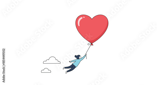 A minimalist illustration of a person flying through the sky while holding onto a large red heart-shaped balloon, representing love.