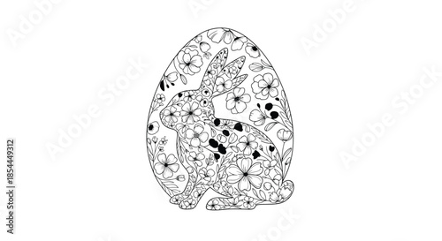 A black and white Easter coloring page featuring a bunny silhouette inside an egg shape, intricately filled with floral patterns.
