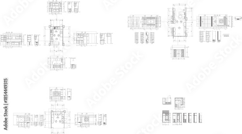 Interior Design Drawings of Multiple Spaces Including Kitchen Construction, Living Room with Built-in TV Cabinet, Home Office with Storage Shelves and Walk-in Closet