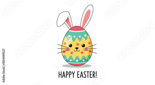 A cute and funny Happy Easter greeting card featuring a decorated Easter egg with bunny ears, a smiling face, and long whiskers.