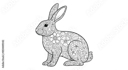 An intricate black and white coloring page for adults featuring a sitting rabbit filled with detailed hand-drawn floral patterns.