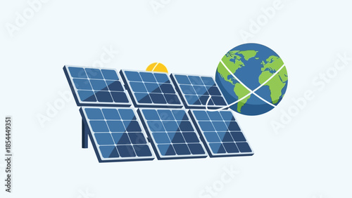Solar panels, earth globe, and sunlight icon illustrating clean energy and renewable resources