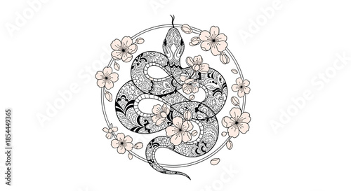 An elegant illustration of a coiled snake with intricate patterns, surrounded by a circle of pink cherry blossom flowers.