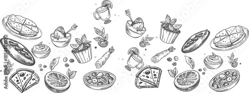 Variety of food items including pizza cupcake and fresh fruits