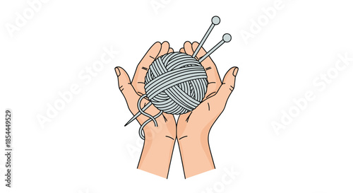 A simple and clean illustration of two hands gently holding a ball of gray yarn with a pair of knitting needles stuck through it.