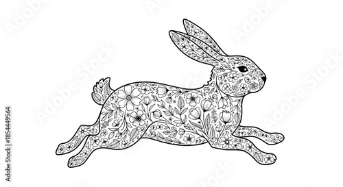 A beautiful black and white coloring page of a jumping rabbit filled with an intricate and delicate hand-drawn floral pattern.