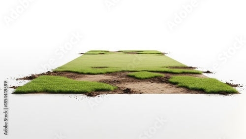 Damaged patchy grass field with soil patches and white court lines | Cricket, pitch, wicket, field, sports, game.