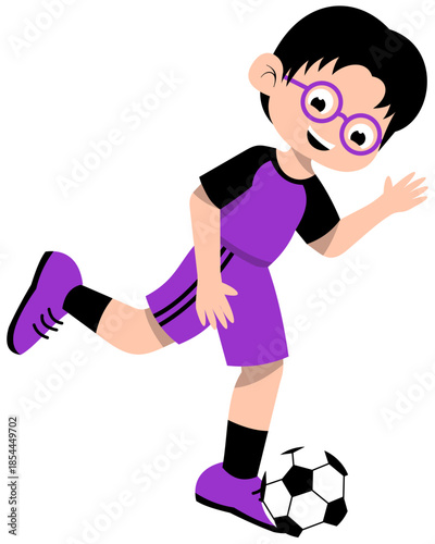 Boy Wearing Glasses in Purple Jersey Practicing Instep Pass Step 1 Soccer Illustration. Editable Color Vector