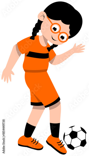 Glasses Girl With Twin Braids in Orange Jersey Practicing Instep Pass Step 3 Soccer Illustration. Editable Color Vector