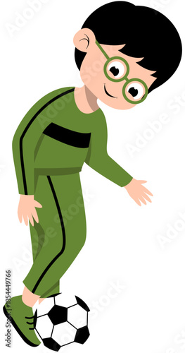 Boy Wearing Glasses in Green Jersey Practicing Instep Pass Step 2 Soccer Illustration. Editable Color Vector