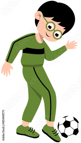 Boy Wearing Glasses in Green Jersey Practicing Instep Pass Step 3 Soccer Illustration. Editable Color Vector