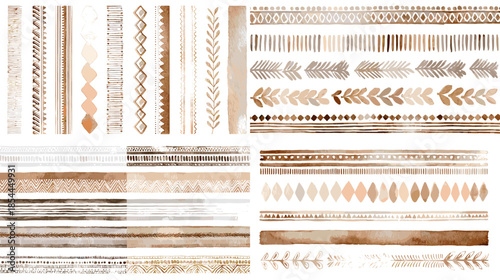 Decorative watercolor borders and ornamental dividers in earthy neutral tones, suitable for invitations, stationery, posters, scrapbooking, and elegant layout designs.