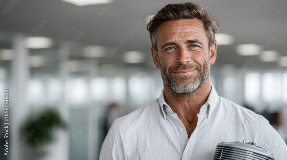 Obraz premium A confident man in a light shirt smiles in a bright office environment, holding a device, exuding professionalism and approachability.