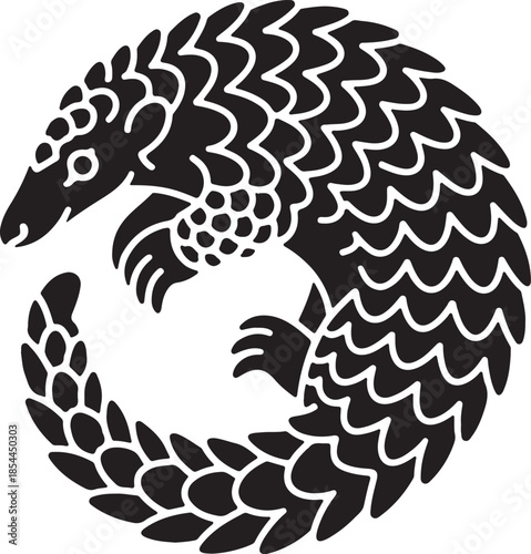 Solid silhouette of a pangolin tightly curled into a protective ball vector art illustration