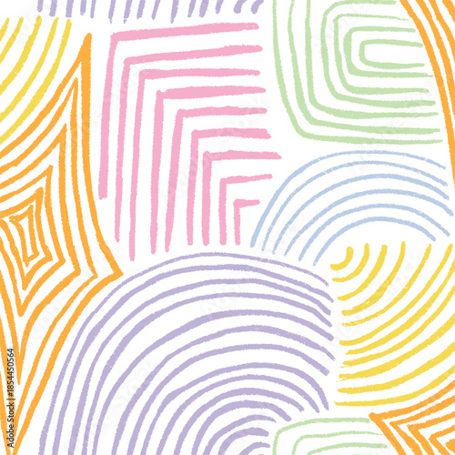 Seamless Pastel Abstract Geometric Pattern with Concentric Arches and Hand-Drawn Crayon Texture for Nursery and Retro Backgrounds