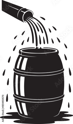 Solid silhouette of a rain barrel beneath a gutter with flowing water vector art illustration