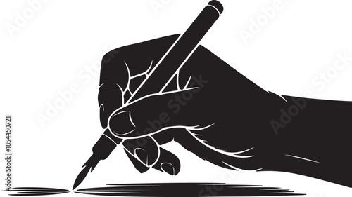 Solid silhouette of a hand drawing on wood with a burning pen vector art illustration