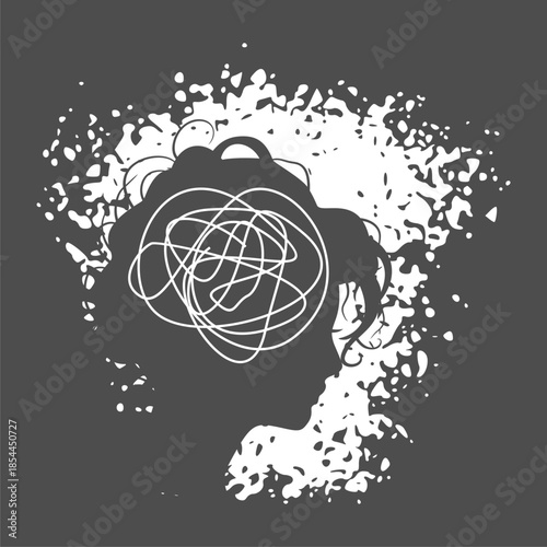 Psychotherapy, stress and psychosis. A female head with a tangled ball of nerves, scribbles symbolizing a depressed state of a person. Psychological help and mental health. Personality disorder.