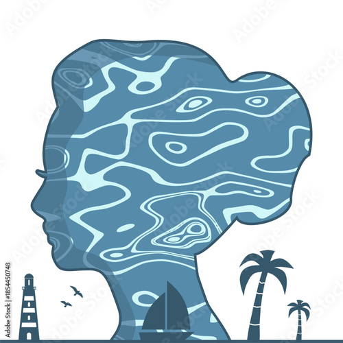 Top view of the blue and bright turquoise sea. Double exposure portrait of young woman and sea surface. Palms, lighthouse and sail boat.