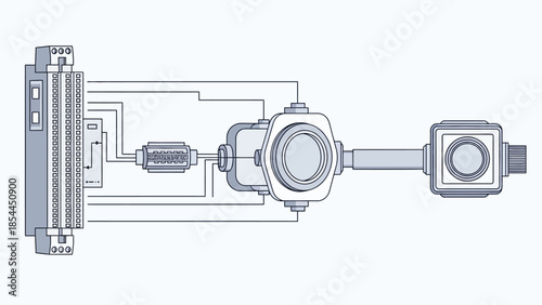 Simplified technical illustration of a mechanical system with interconnected components and circuitry